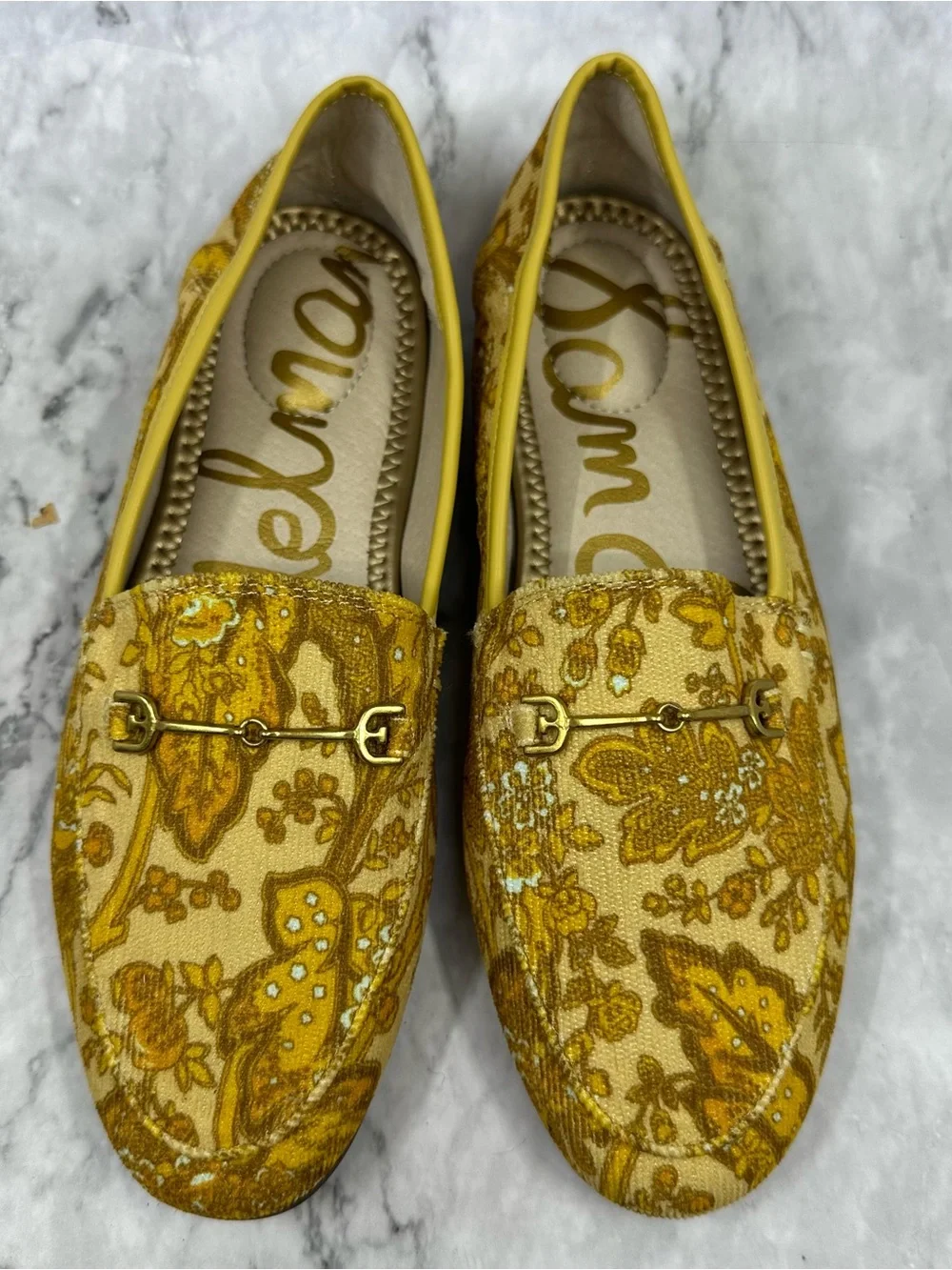 Delman Mustard Floral Canvas Loafers with Gold Bit